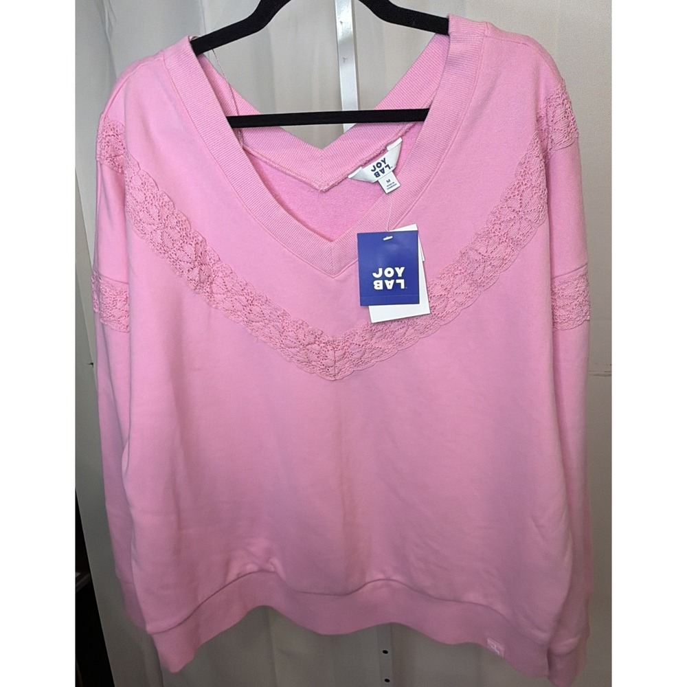 JoyLab Pink Crochet Trim V Neck Pullover Sweatshirt Size Medium - Picture 7 of 10